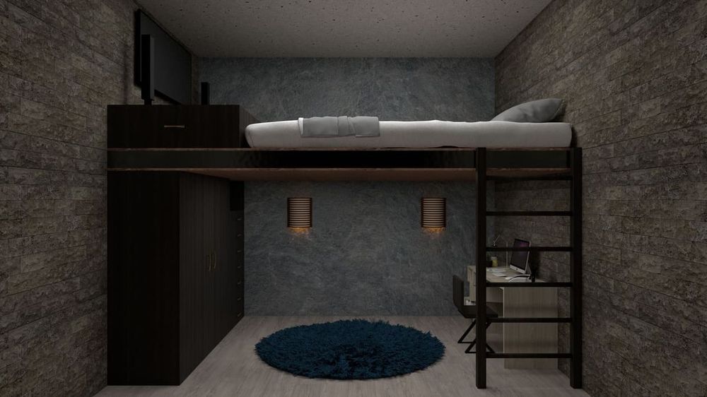 A stylish loft bedroom featuring a bed above a home office space, perfect for maximizing small spaces.
