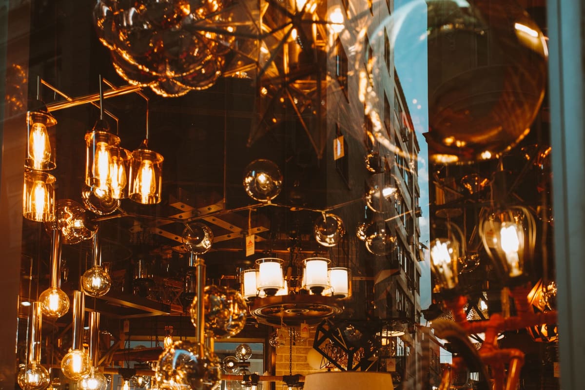 A display of illuminated lamps giving off warm light