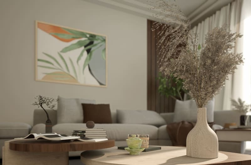 Stylish and cozy living room with modern decor and neutral tones.