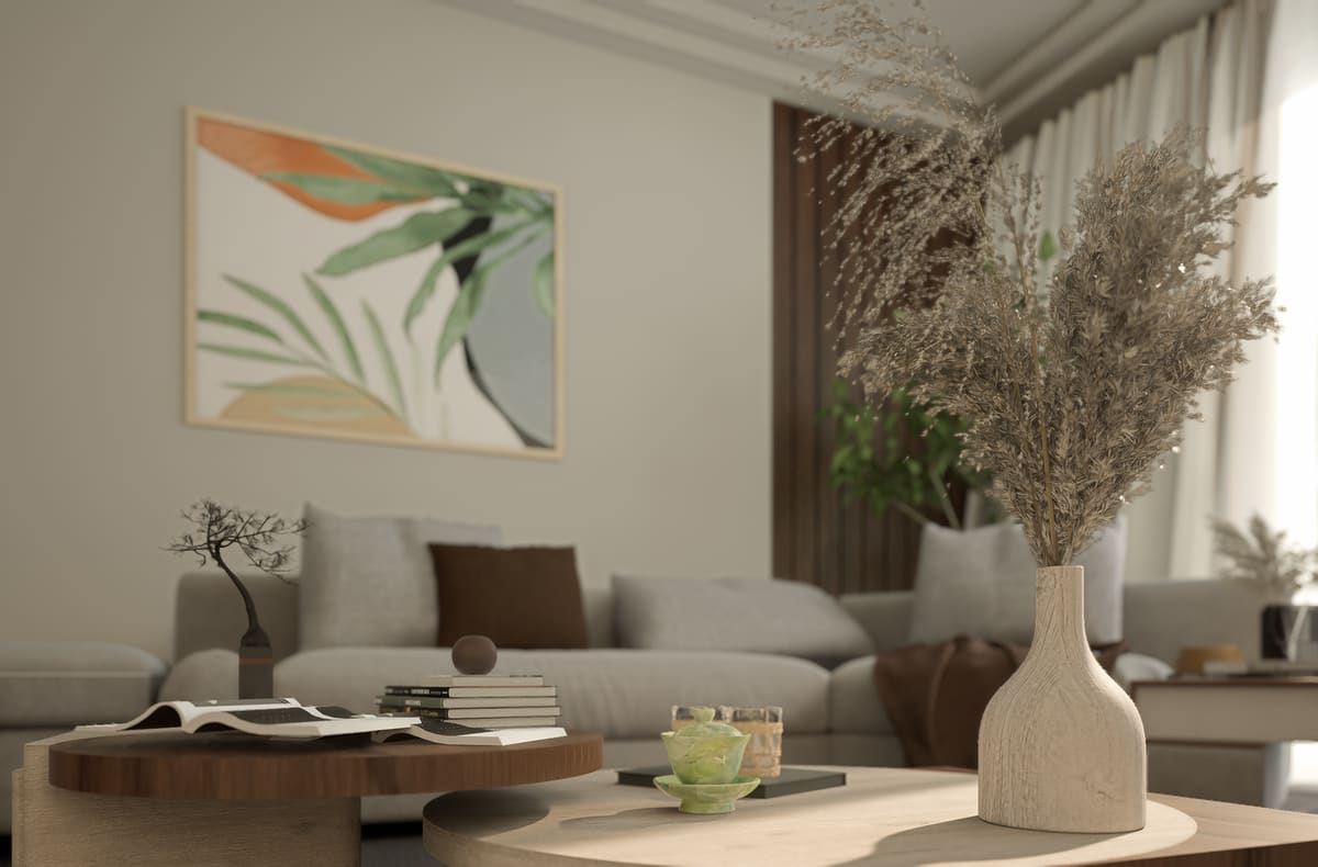 Stylish and cozy living room with modern decor and neutral tones.